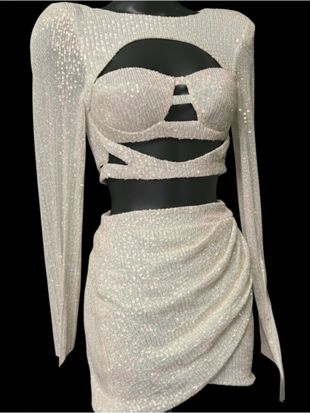 Fashion Nova Cream Embellished Wrap Mini Skirt & top with long sleeve with slits - Picture 1 of 10